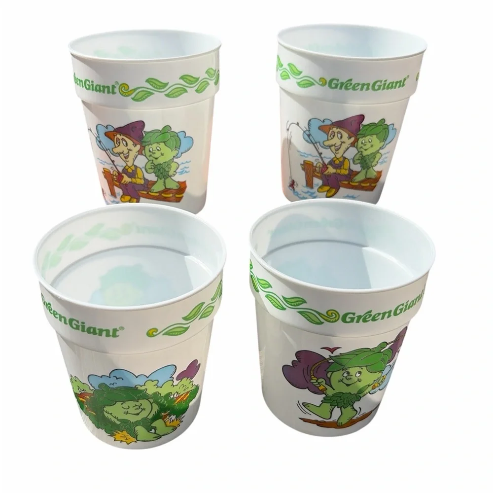 VTG 1990s Green Giant Little Sprout Plastic Cups - Lot of 4 - Fishing Series